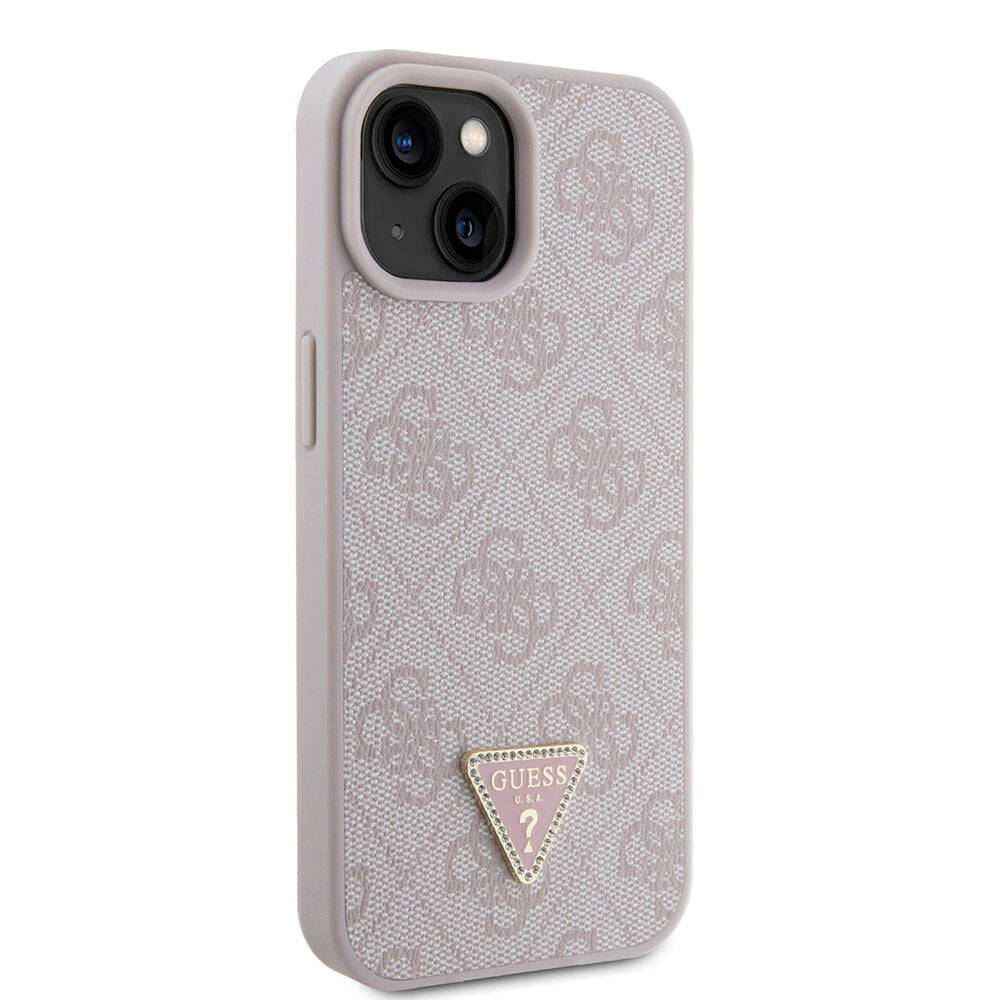 Apple iPhone 15 Kılıf Guess Orjinal Lisanslı PU Deri Taşlı Üçgen Logo 4G Desenli Strass Kapak Pembe
