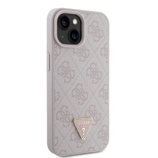 Apple iPhone 15 Case Guess Original Licensed PU Leather Stone Triangle Logo 4G Patterned Strass Cover Pink