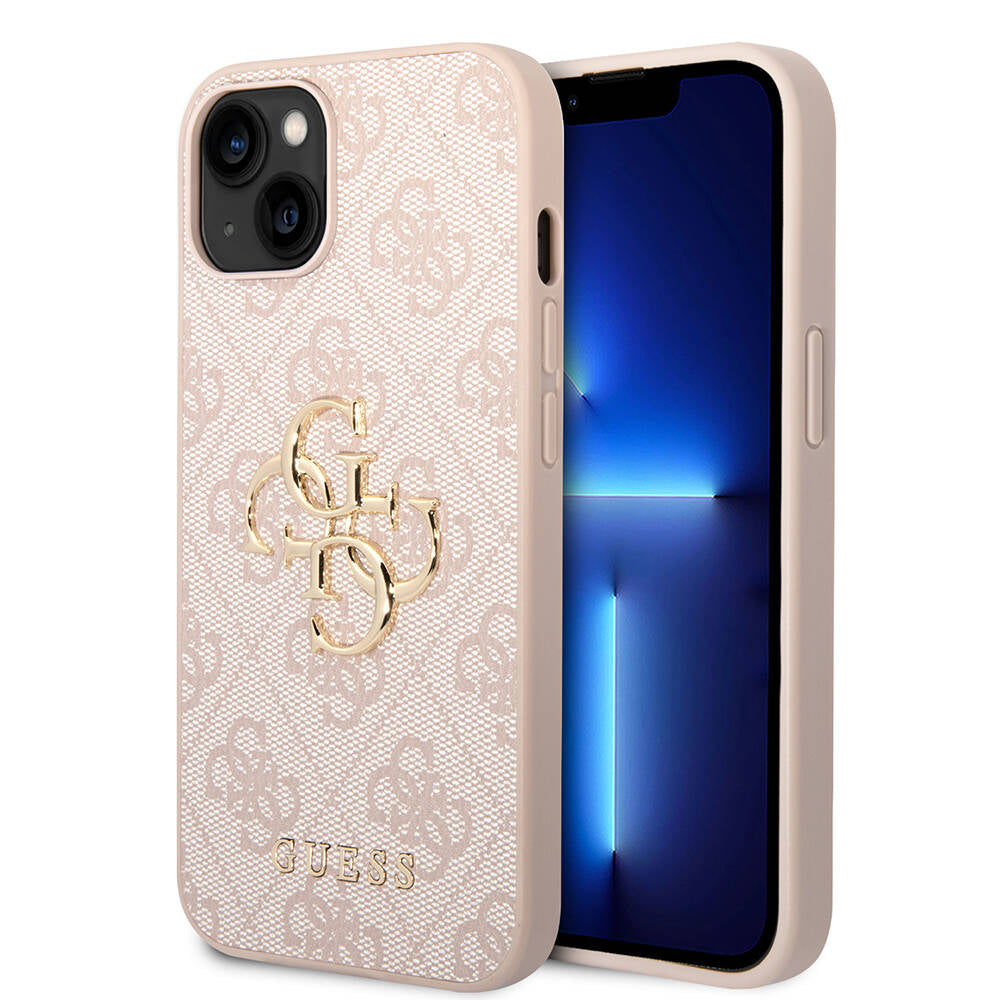 Apple iPhone 15 Case Guess Original Licensed PU Leather Cover with Text and 4G Metal Logo Pattern Pink