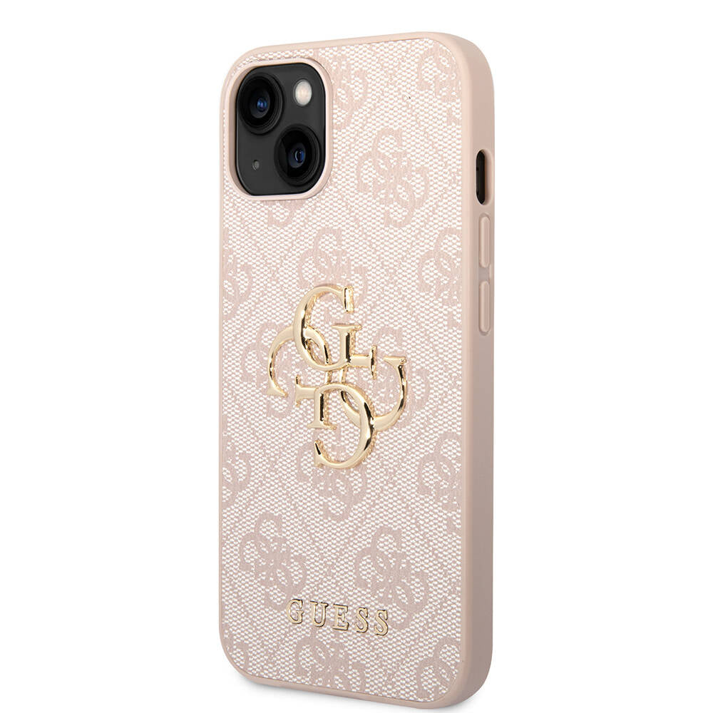 Apple iPhone 15 Case Guess Original Licensed PU Leather Cover with Text and 4G Metal Logo Pattern Pink