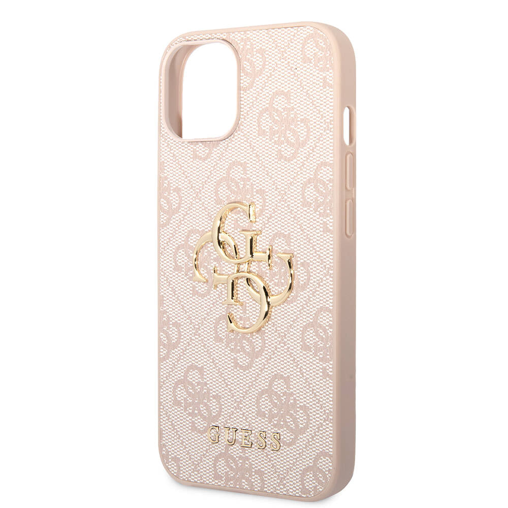 Apple iPhone 15 Case Guess Original Licensed PU Leather Cover with Text and 4G Metal Logo Pattern Pink