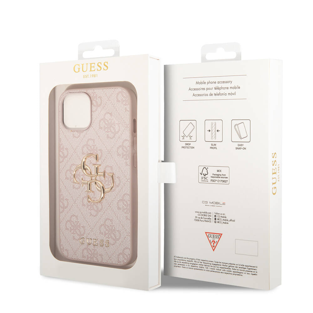 Apple iPhone 15 Case Guess Original Licensed PU Leather Cover with Text and 4G Metal Logo Pattern Pink