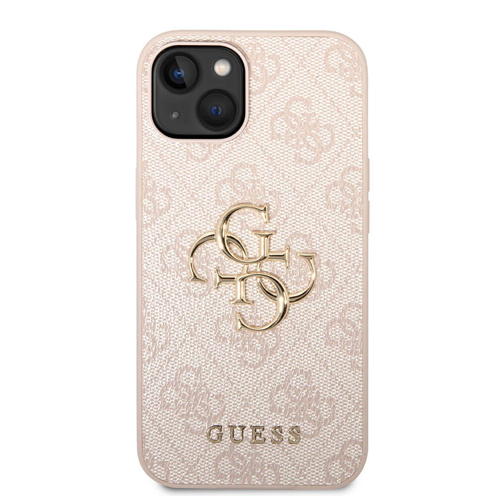 Apple iPhone 15 Case Guess Original Licensed PU Leather Cover with Text and 4G Metal Logo Pattern Pink