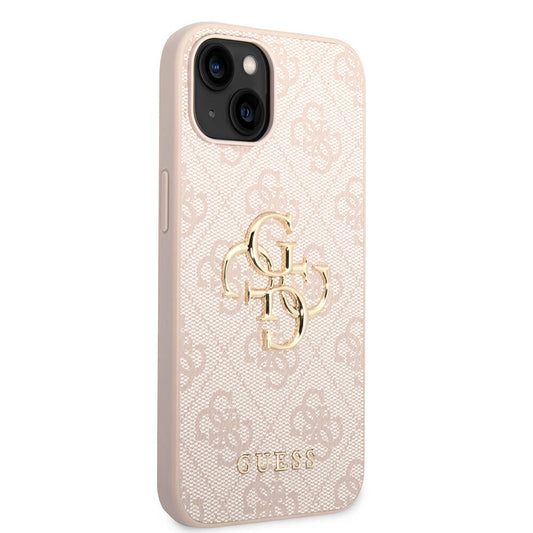 Apple iPhone 15 Case Guess Original Licensed PU Leather Cover with Text and 4G Metal Logo Pattern Pink