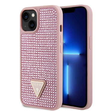 Apple iPhone 15 Kılıf Guess Orjinal Lisanslı Taşlı Arka Yüzey Üçgen Logolu Kapak Gümüş