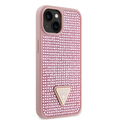 Apple iPhone 15 Kılıf Guess Orjinal Lisanslı Taşlı Arka Yüzey Üçgen Logolu Kapak Gümüş