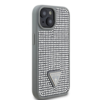 Apple iPhone 15 Kılıf Guess Orjinal Lisanslı Taşlı Arka Yüzey Üçgen Logolu Kapak Gümüş