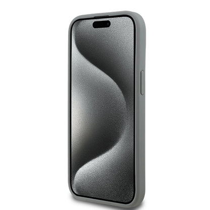 Apple iPhone 15 Kılıf Guess Orjinal Lisanslı Taşlı Arka Yüzey Üçgen Logolu Kapak Gümüş