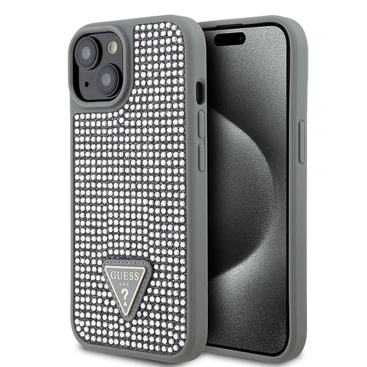 Apple iPhone 15 Kılıf Guess Orjinal Lisanslı Taşlı Arka Yüzey Üçgen Logolu Kapak Gümüş