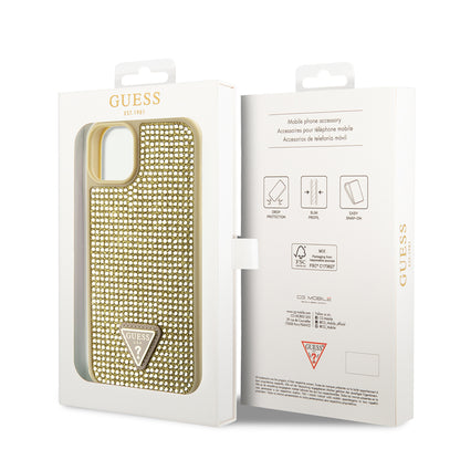 Apple iPhone 15 Kılıf Guess Orjinal Lisanslı Taşlı Arka Yüzey Üçgen Logolu Kapak Gold
