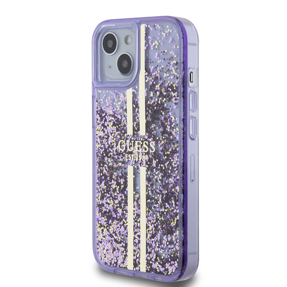Apple iPhone 15 Case Guess Original Licensed Transparent Liquid Glitter Gold Striped Cover Purple