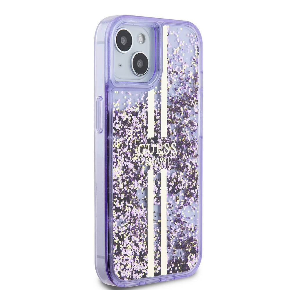 Apple iPhone 15 Case Guess Original Licensed Transparent Liquid Glitter Gold Striped Cover Purple