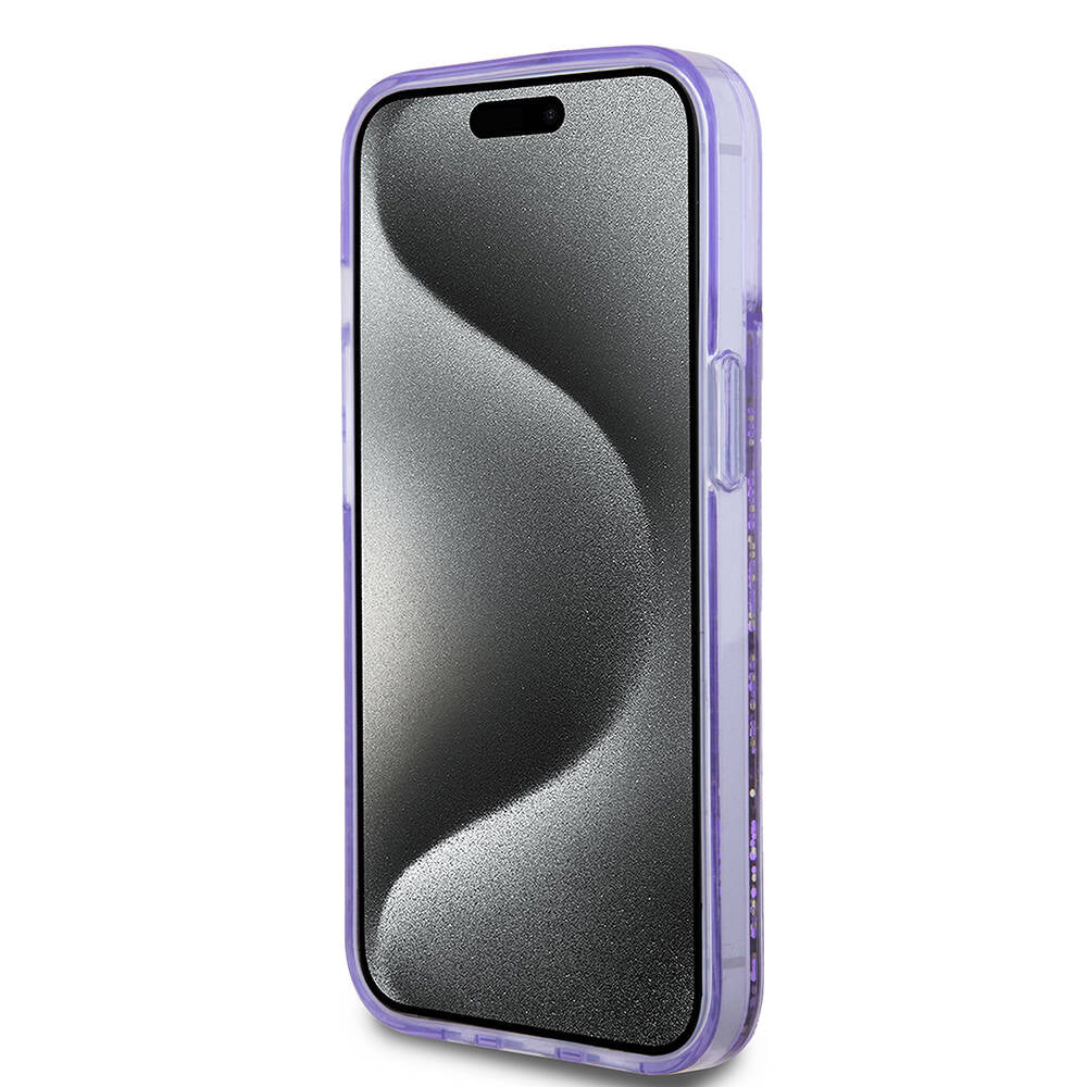 Apple iPhone 15 Case Guess Original Licensed Transparent Liquid Glitter Gold Striped Cover Purple