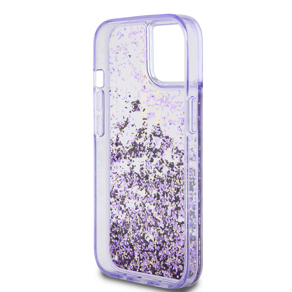 Apple iPhone 15 Case Guess Original Licensed Transparent Liquid Glitter Gold Striped Cover Purple