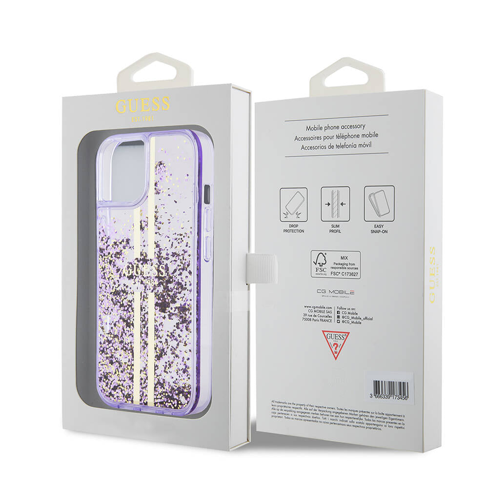 Apple iPhone 15 Case Guess Original Licensed Transparent Liquid Glitter Gold Striped Cover Purple
