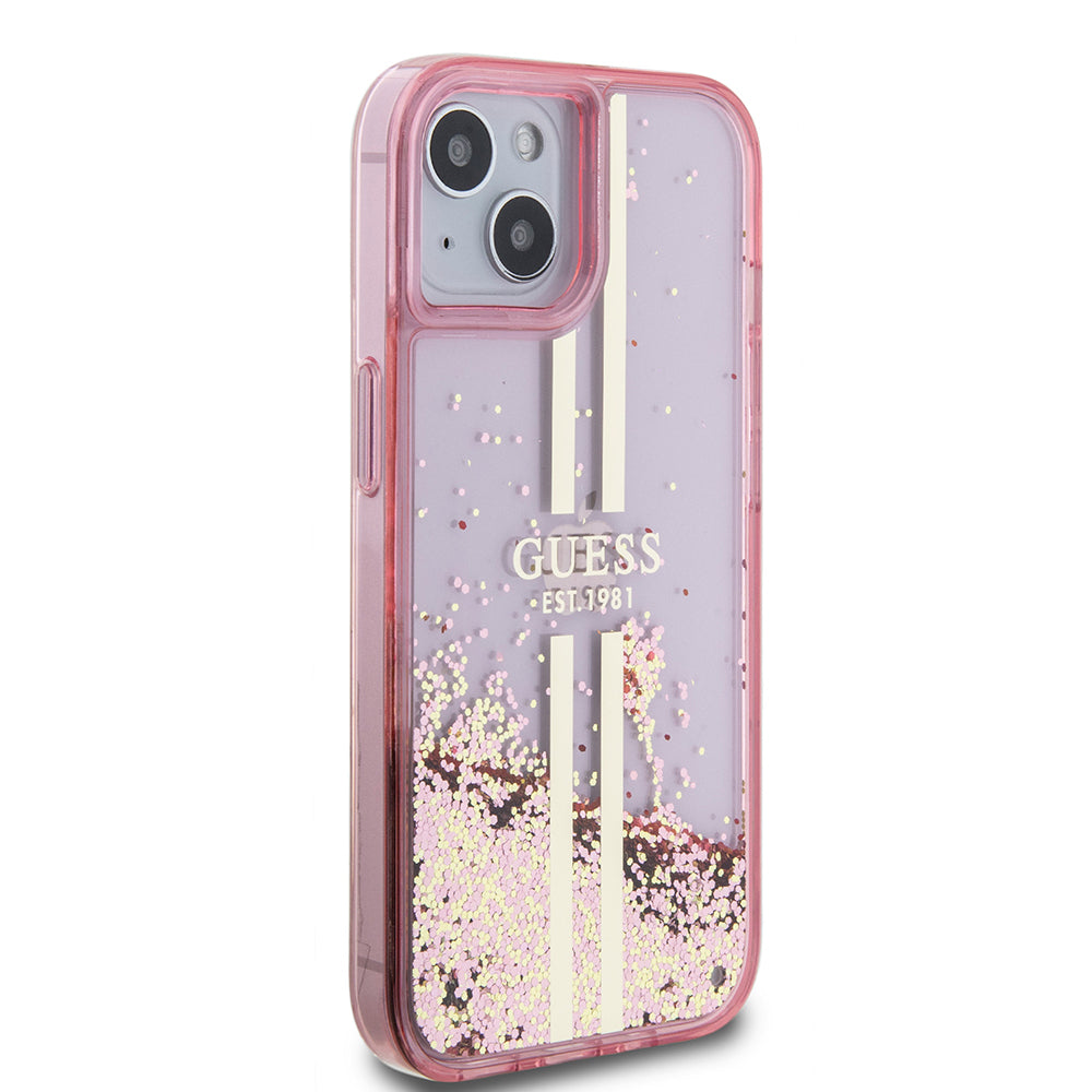 Apple iPhone 15 Case Guess Original Licensed Transparent Liquid Glitter Gold Striped Cover Purple