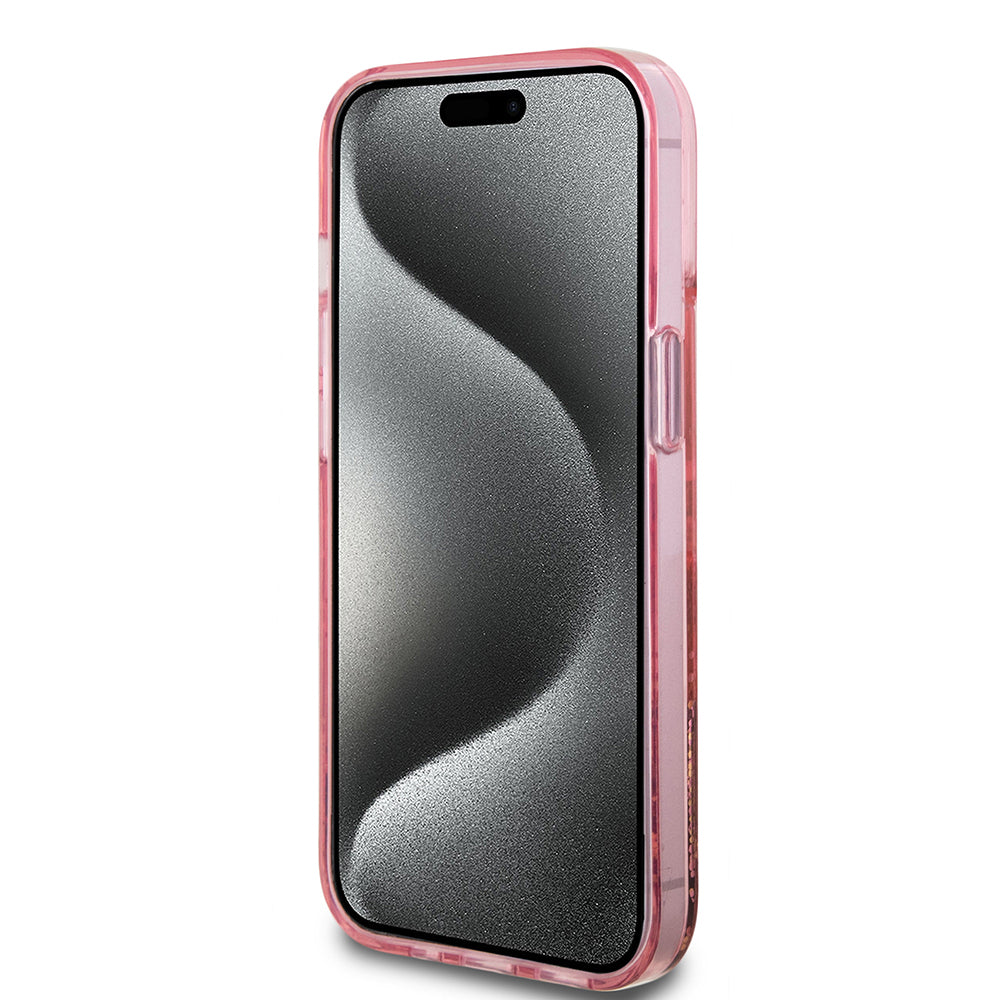 Apple iPhone 15 Case Guess Original Licensed Transparent Liquid Glitter Gold Striped Cover Purple