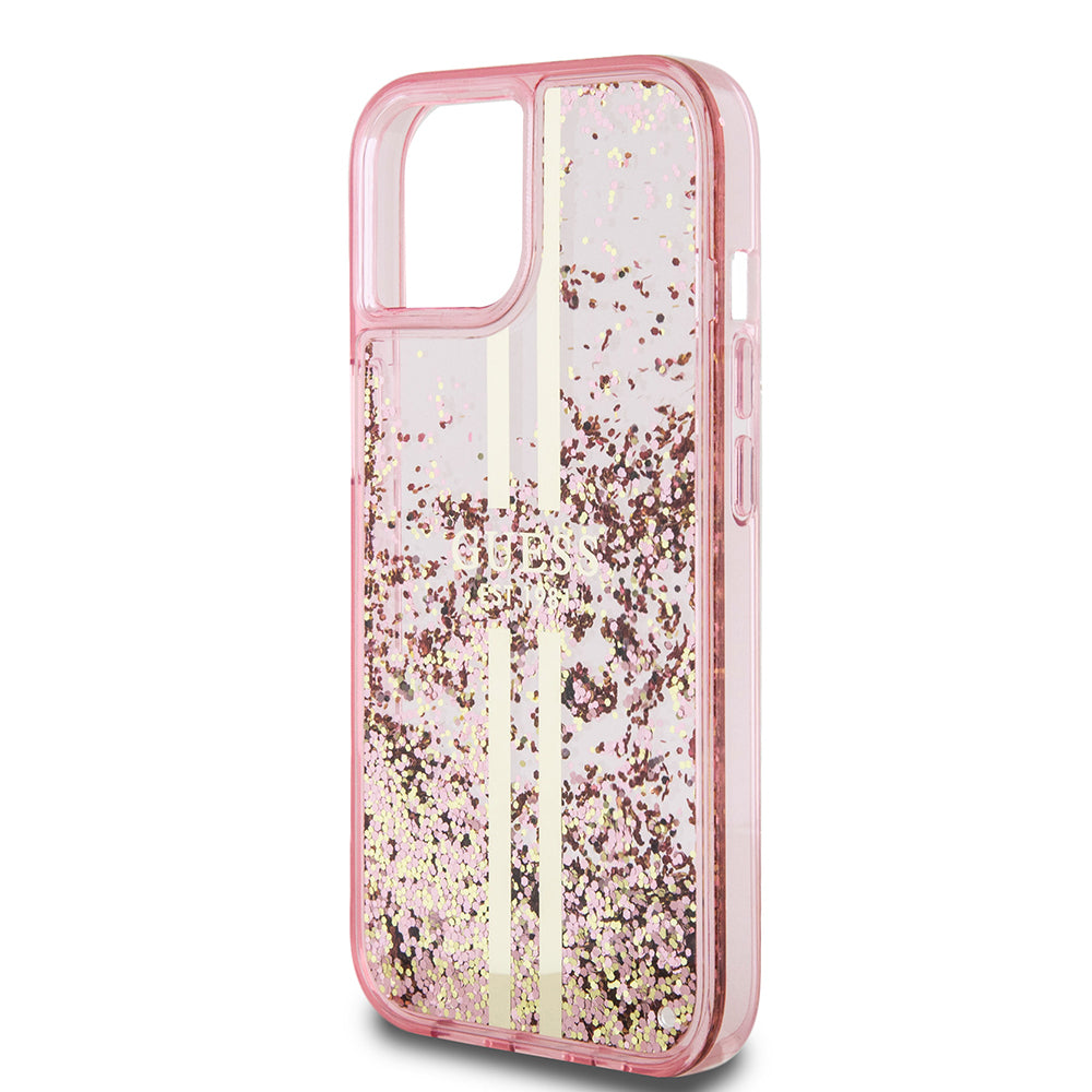 Apple iPhone 15 Case Guess Original Licensed Transparent Liquid Glitter Gold Striped Cover Purple