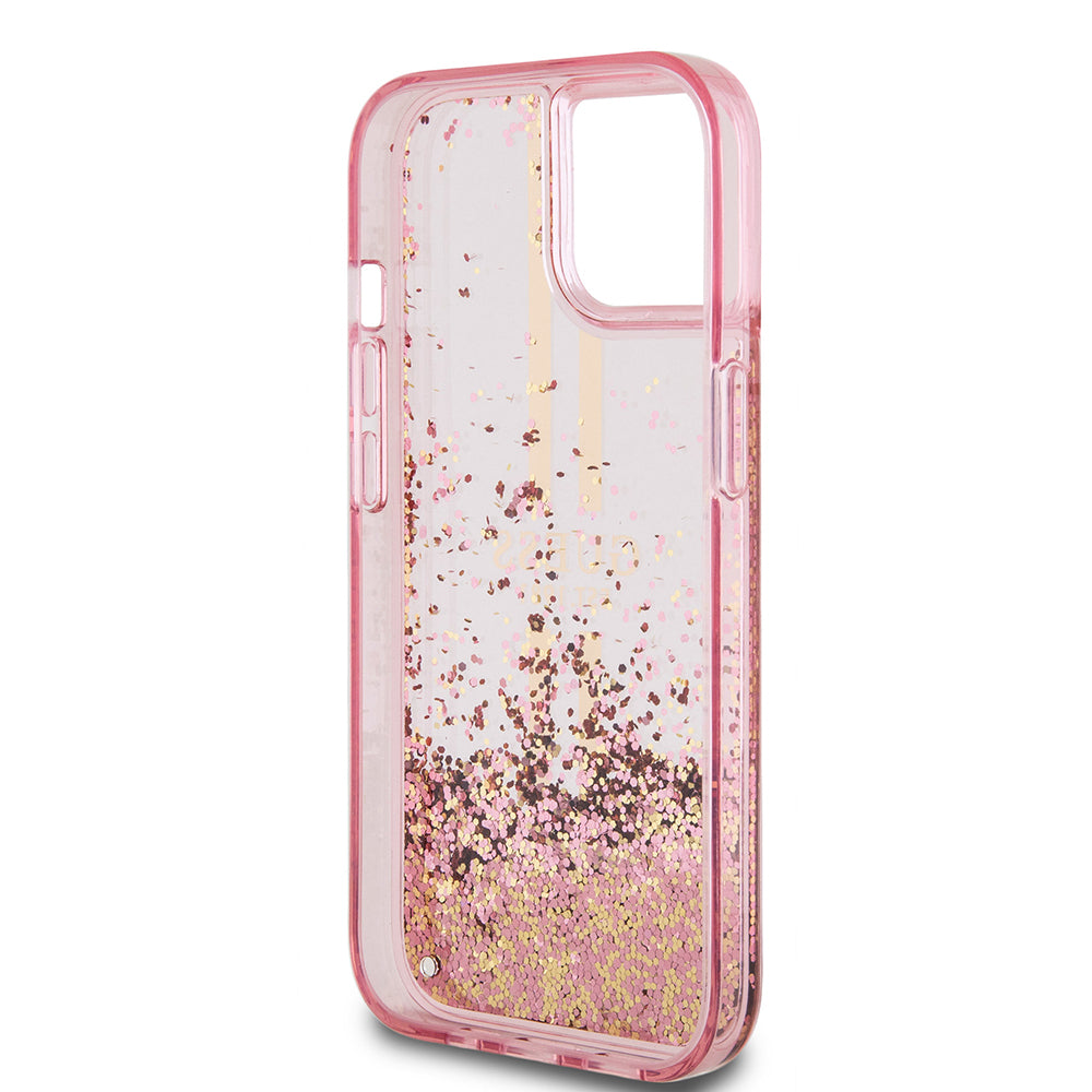 Apple iPhone 15 Case Guess Original Licensed Transparent Liquid Glitter Gold Striped Cover Purple