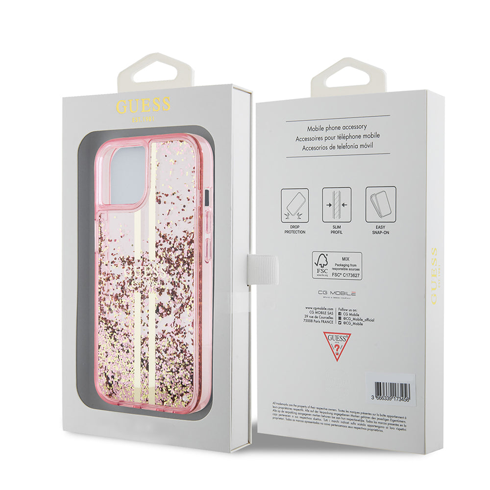 Apple iPhone 15 Case Guess Original Licensed Transparent Liquid Glitter Gold Striped Cover Purple