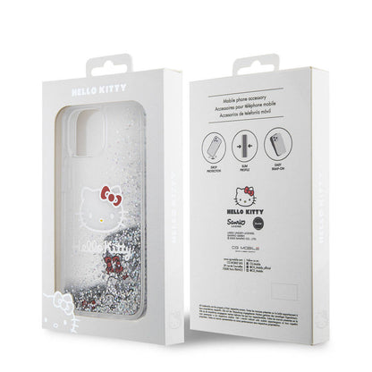 Apple iPhone 15 Kılıf Hello Kitty Orjinal Lisanslı İkonik Sıvılı Glitter Kapak Renksiz