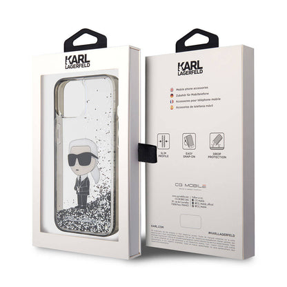 Apple iPhone 15 Kılıf Karl Lagerfeld İkonik Sıvılı Glitter Orjinal Lisanslı Kapak Renksiz