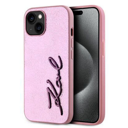 Apple iPhone 15 Kılıf Karl Lagerfeld Orjinal Lisanslı 3D KL Yazılı Tüylü Arka Yüzey Saffiano Rhinestones Kapak Gold