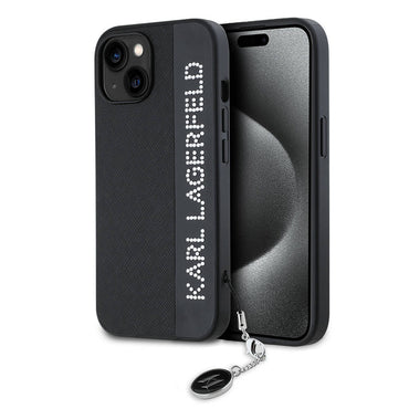 Apple iPhone 15 Kılıf Karl Lagerfeld Orjinal Lisanslı Anahtarlıklı Taşlı KL Yazılı Saffiano Rhinestones Kapak Pembe