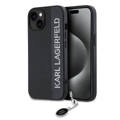 Apple iPhone 15 Kılıf Karl Lagerfeld Orjinal Lisanslı Anahtarlıklı Taşlı KL Yazılı Saffiano Rhinestones Kapak Pembe