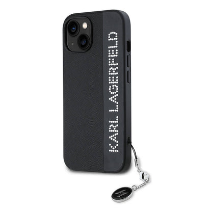 Apple iPhone 15 Kılıf Karl Lagerfeld Orjinal Lisanslı Anahtarlıklı Taşlı KL Yazılı Saffiano Rhinestones Kapak Pembe