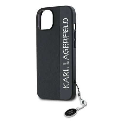 Apple iPhone 15 Kılıf Karl Lagerfeld Orjinal Lisanslı Anahtarlıklı Taşlı KL Yazılı Saffiano Rhinestones Kapak Pembe