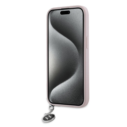 Apple iPhone 15 Kılıf Karl Lagerfeld Orjinal Lisanslı Anahtarlıklı Taşlı KL Yazılı Saffiano Rhinestones Kapak Pembe