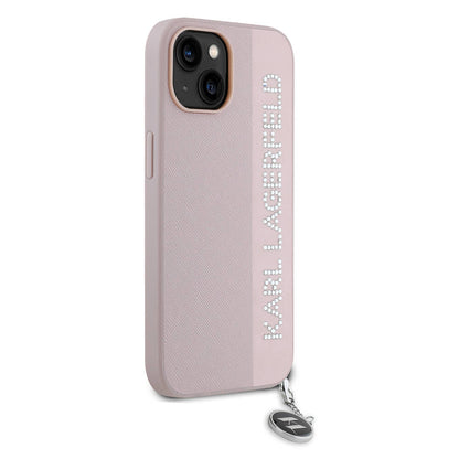 Apple iPhone 15 Kılıf Karl Lagerfeld Orjinal Lisanslı Anahtarlıklı Taşlı KL Yazılı Saffiano Rhinestones Kapak Pembe
