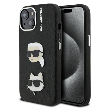 Apple iPhone 15 Kılıf Karl Lagerfeld Orjinal Lisanslı K&C Heads Pin Kapak Siyah