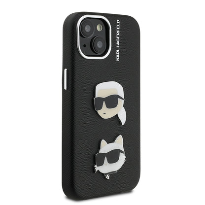 Apple iPhone 15 Kılıf Karl Lagerfeld Orjinal Lisanslı K&C Heads Pin Kapak Siyah