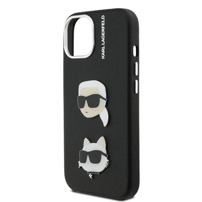 Apple iPhone 15 Kılıf Karl Lagerfeld Orjinal Lisanslı K&C Heads Pin Kapak Siyah