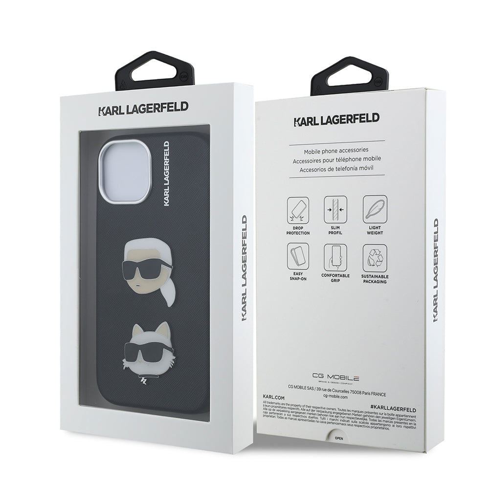 Apple iPhone 15 Kılıf Karl Lagerfeld Orjinal Lisanslı K&C Heads Pin Kapak Siyah