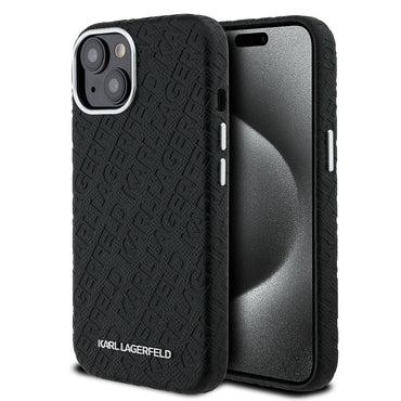 Apple iPhone 15 Kılıf Karl Lagerfeld Orjinal Lisanslı PU Deri Damgalı Metal Yazı Logolu Kapak Siyah