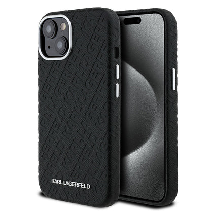 Apple iPhone 15 Kılıf Karl Lagerfeld Orjinal Lisanslı PU Deri Damgalı Metal Yazı Logolu Kapak Siyah