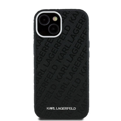 Apple iPhone 15 Kılıf Karl Lagerfeld Orjinal Lisanslı PU Deri Damgalı Metal Yazı Logolu Kapak Siyah