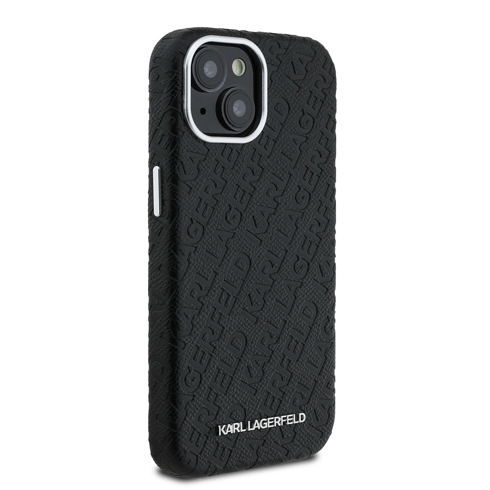 Apple iPhone 15 Kılıf Karl Lagerfeld Orjinal Lisanslı PU Deri Damgalı Metal Yazı Logolu Kapak Siyah
