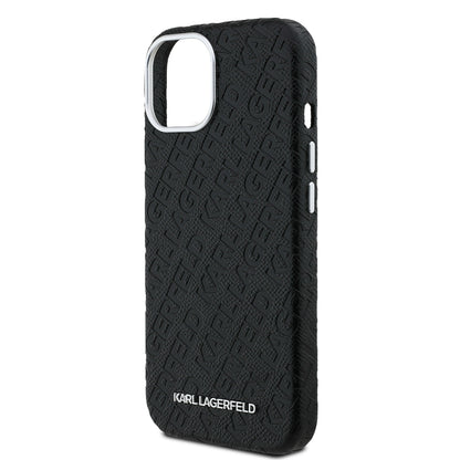 Apple iPhone 15 Kılıf Karl Lagerfeld Orjinal Lisanslı PU Deri Damgalı Metal Yazı Logolu Kapak Siyah