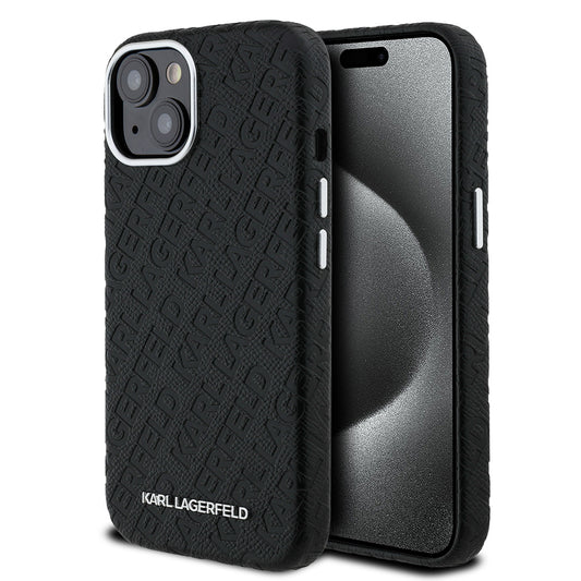 Apple iPhone 15 Kılıf Karl Lagerfeld Orjinal Lisanslı PU Deri Damgalı Metal Yazı Logolu Kapak Siyah