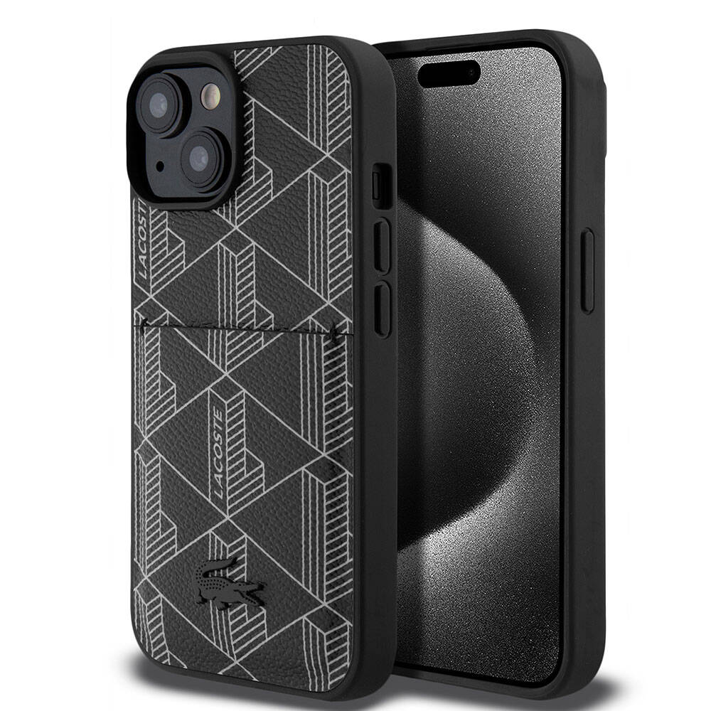 Apple iPhone 15 Kılıf Lacoste Orjinal Lisanslı M-safe Şarj Özellikli PU Deri Görünümlü Kartlıklı Karışık Monogram Desenli Kapak Siyah
