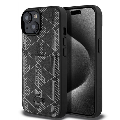 Apple iPhone 15 Kılıf Lacoste Orjinal Lisanslı M-safe Şarj Özellikli PU Deri Görünümlü Kartlıklı Karışık Monogram Desenli Kapak Siyah