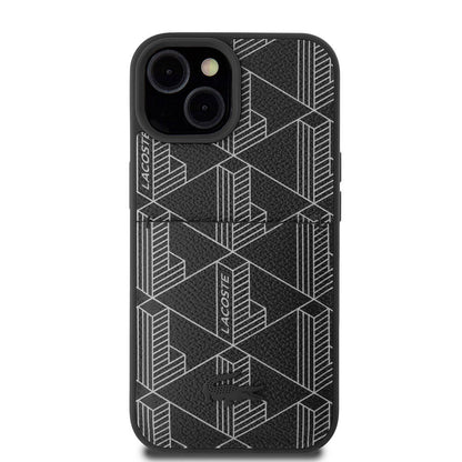 Apple iPhone 15 Kılıf Lacoste Orjinal Lisanslı M-safe Şarj Özellikli PU Deri Görünümlü Kartlıklı Karışık Monogram Desenli Kapak Siyah
