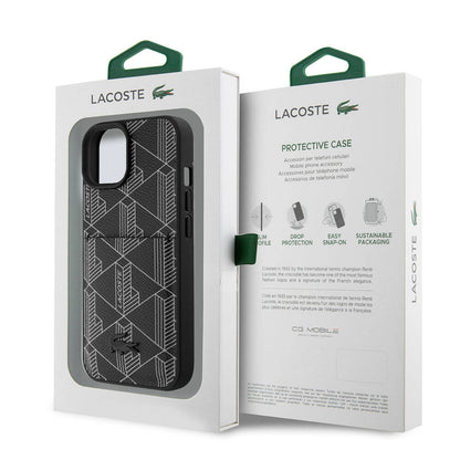 Apple iPhone 15 Kılıf Lacoste Orjinal Lisanslı M-safe Şarj Özellikli PU Deri Görünümlü Kartlıklı Karışık Monogram Desenli Kapak Lacivert