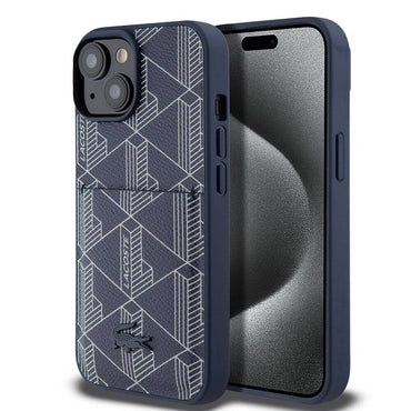 Apple iPhone 15 Kılıf Lacoste Orjinal Lisanslı M-safe Şarj Özellikli PU Deri Görünümlü Kartlıklı Karışık Monogram Desenli Kapak Lacivert