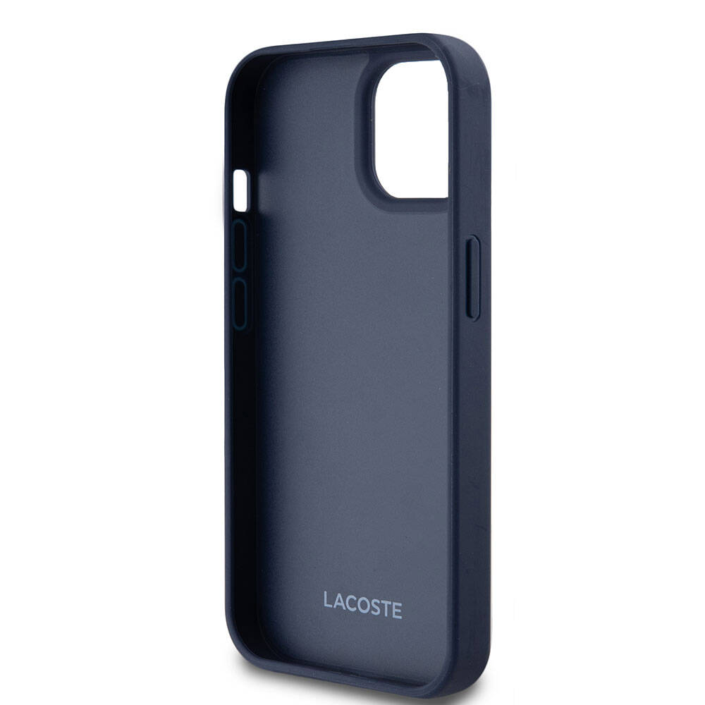 Apple iPhone 15 Kılıf Lacoste Orjinal Lisanslı M-safe Şarj Özellikli PU Deri Görünümlü Kartlıklı Karışık Monogram Desenli Kapak Lacivert