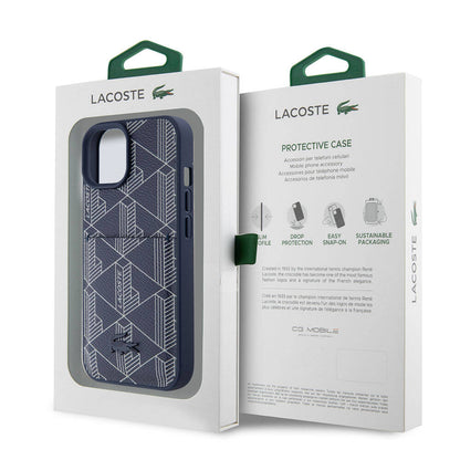 Apple iPhone 15 Kılıf Lacoste Orjinal Lisanslı M-safe Şarj Özellikli PU Deri Görünümlü Kartlıklı Karışık Monogram Desenli Kapak Lacivert